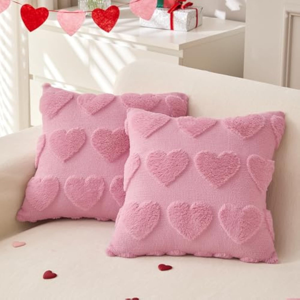 Valentines Day Throw Pillow Covers 18X18 Inch Set Of 2 For Valentines Day Decorations Pink Soft Plush Faux Fur Wool Love Heart Pillow Covers For Sofa Living Room Couch Bed