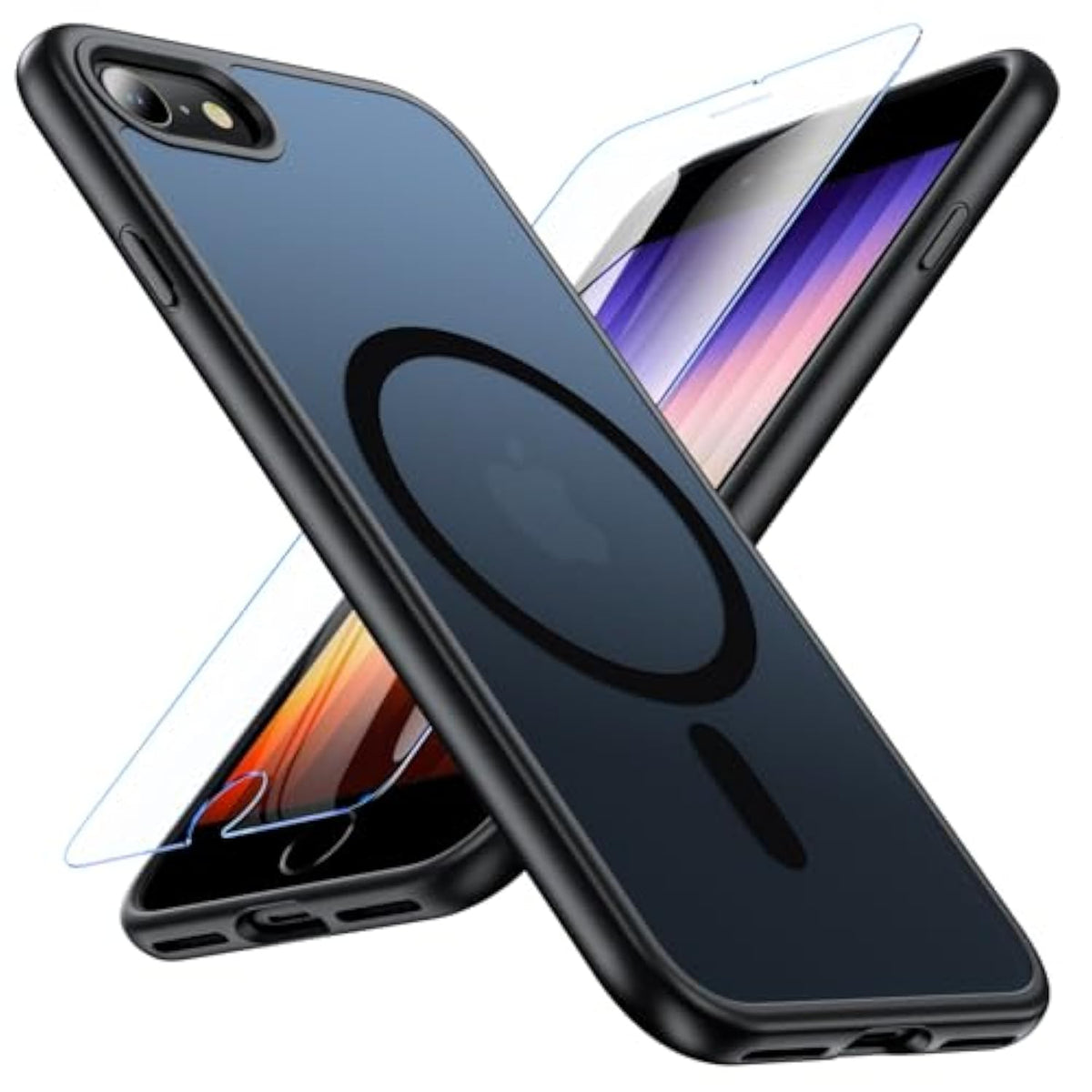 For Iphone Se Case, Magnetic Iphone Se 2022 (3Rd)/2020 (2Nd)/Iphone 8/7 Case For Compatible Magsafe With Tempered Glass, [Shockproof Military] Translucent Back Slim Bumper Cover Phone Case,Black