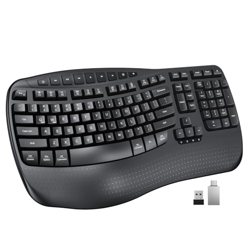 Wireless Ergonomic Keyboard, Wave Keys Firm Wrist Rest For Natural Typing, 2.4G Usb-A Cordless Receiver And Usb-C Adapter, Ergo Computer Keyboard Compatible With Windows/Mac/Pc/Laptop, Black