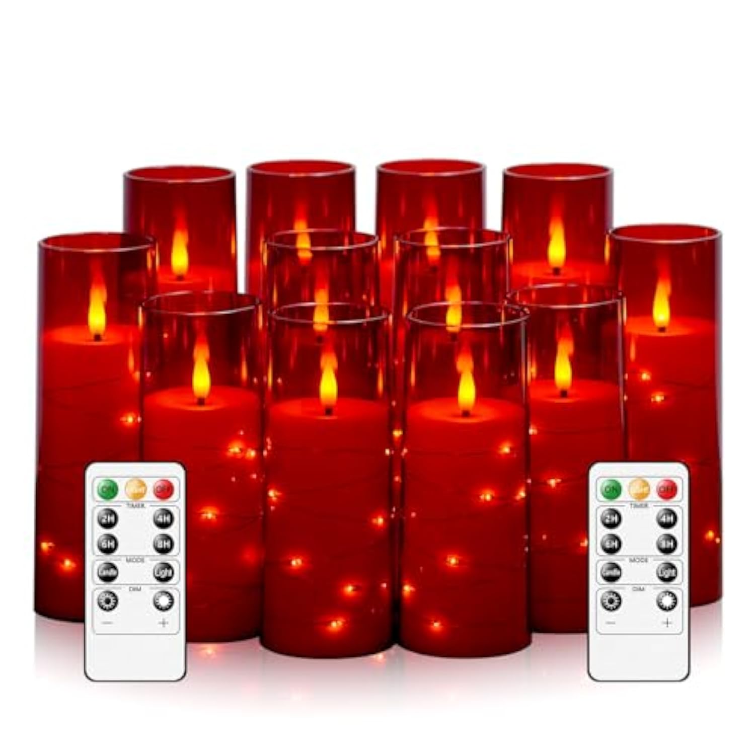 Flameless Candles With Embedded Star String - Battery Operated Led Candles, With Remote,12 Red Flickering Candles For Christmas, Weddings, Home Decor & Party,(D 2.3"×H 5" 6" 7")