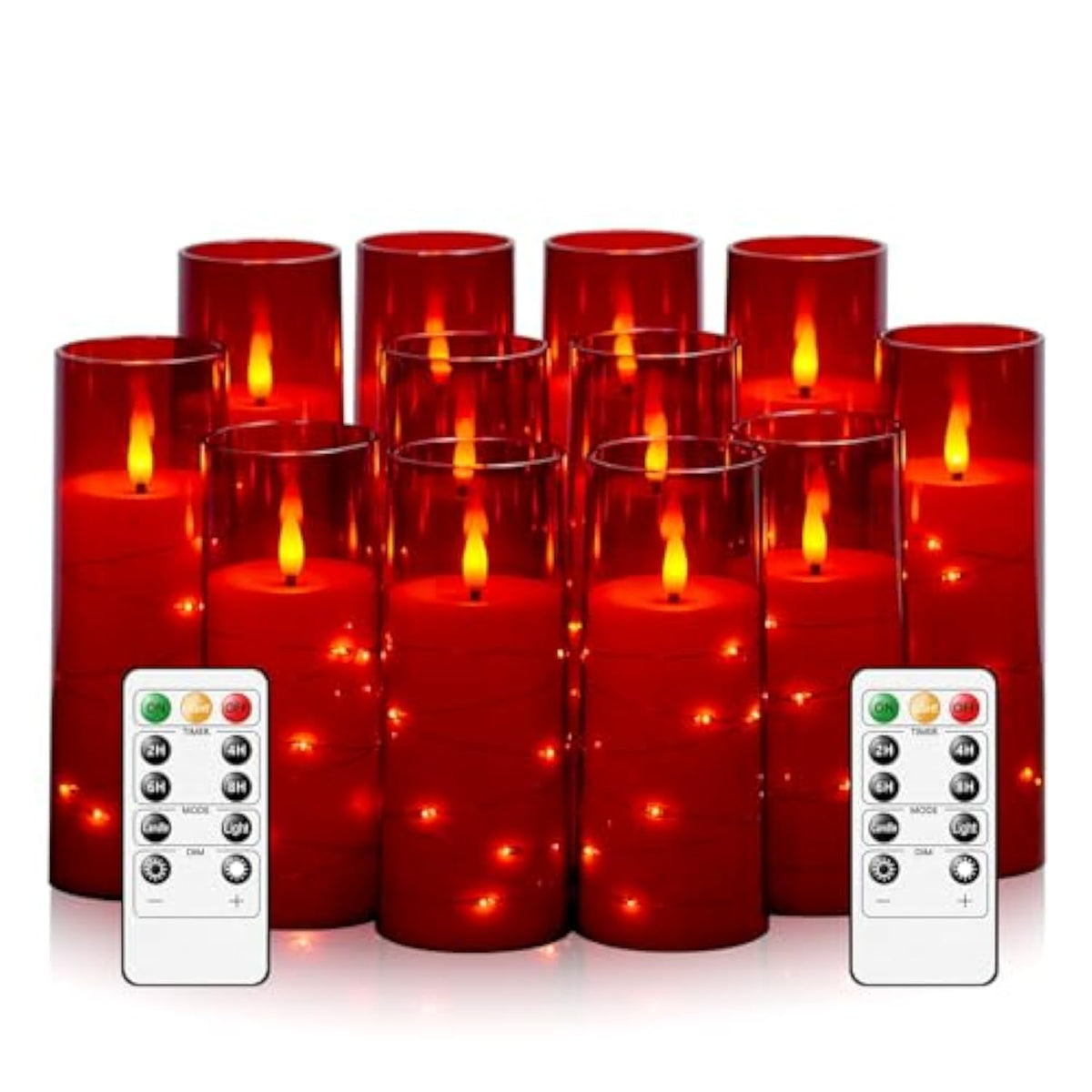 Flameless Candles With Embedded Star String - Battery Operated Led Candles, With Remote,12 Red Flickering Candles For Christmas, Weddings, Home Decor & Party,(D 2.3"×H 5" 6" 7")