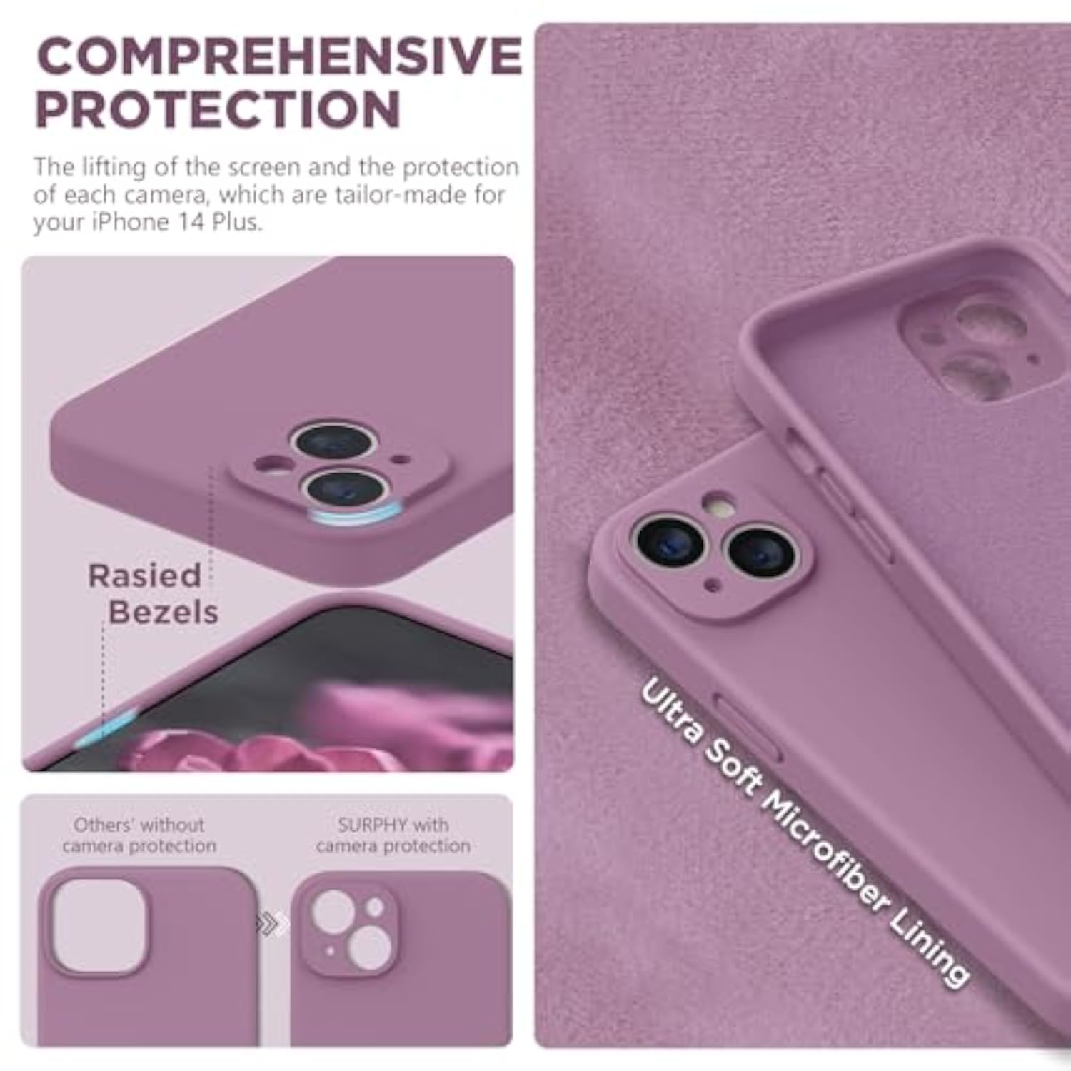 Lilac Purple Liquid Silicone Case for iPhone 14 Plus with Screen Protector and Camera Protection, Soft Microfiber Lining