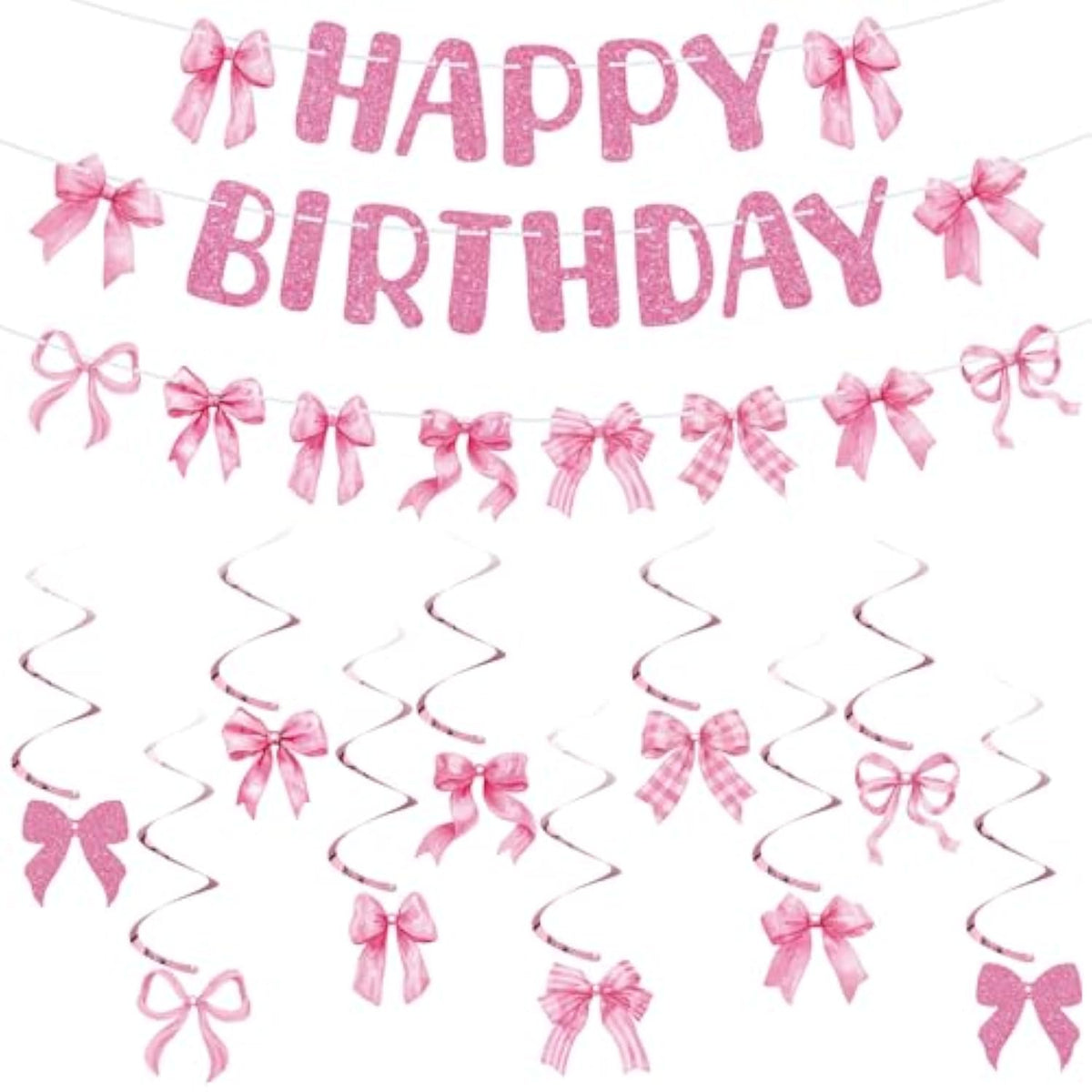 Bow Birthday Party Decorations, Pink Bow Happy Birthday Banner With Cute Bow Hanging Swirls, Bow Party Decorations For Women Girls Birthday Party Supplies