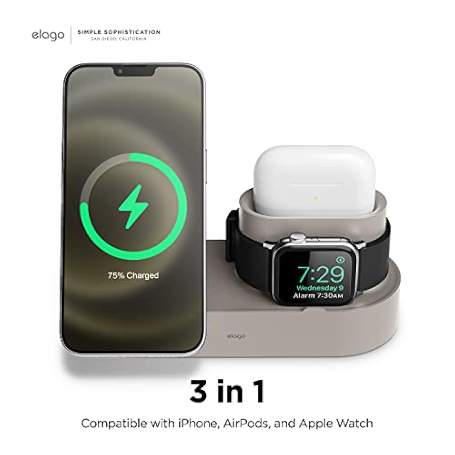 elago MS Charging Station 2 - Compatible with iPhone 17/16/15/14/13/12 Series, AirPods Pro 2/Pro, AirPods 4/3 and All Apple Watch Series [Stone] [Charging Cables Not Included]