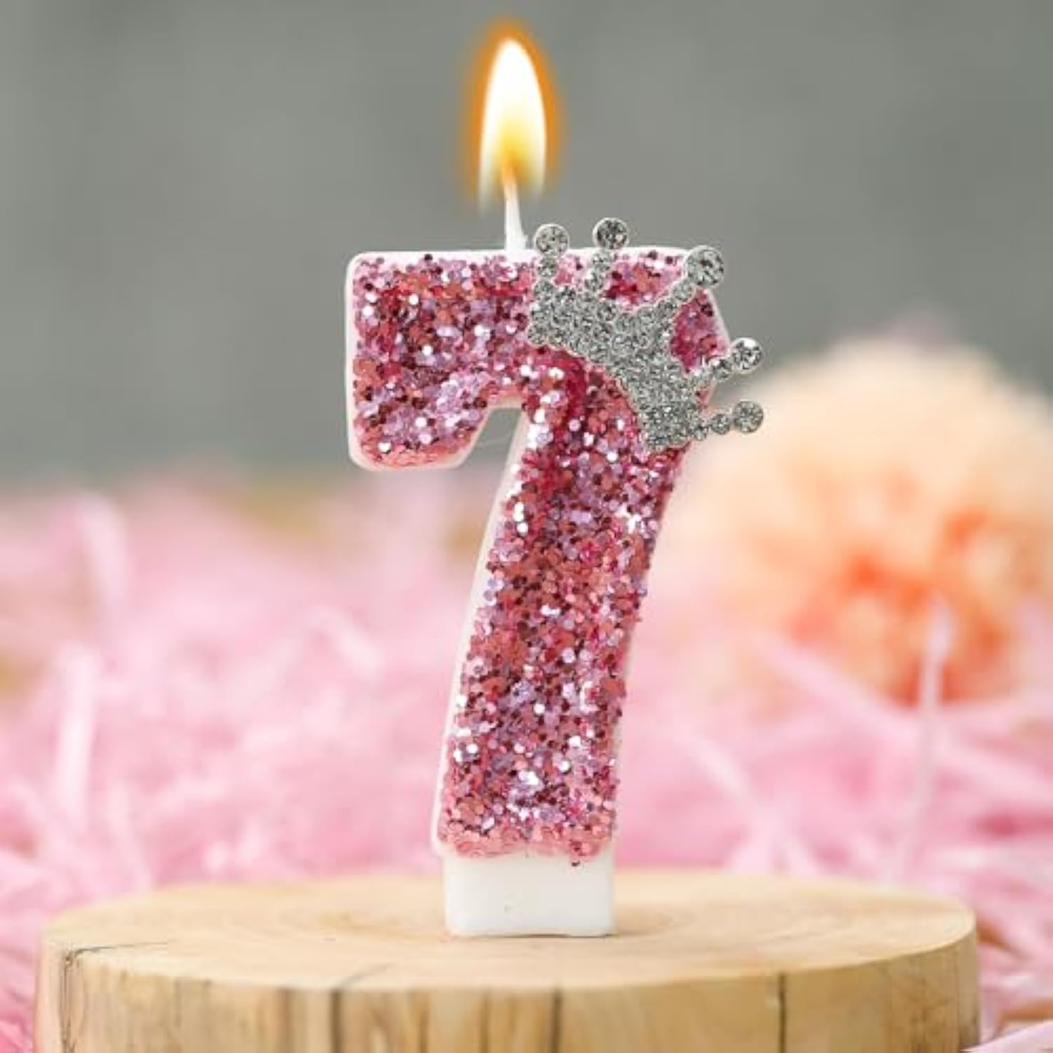 Birthday Number Candles,Pink Crown Birthday Candles For Cake,Glitter Number 7 Candle Cake Topper With Sequins For Girls,Women, Anniversary Celebrations Supplies (Pink 7)