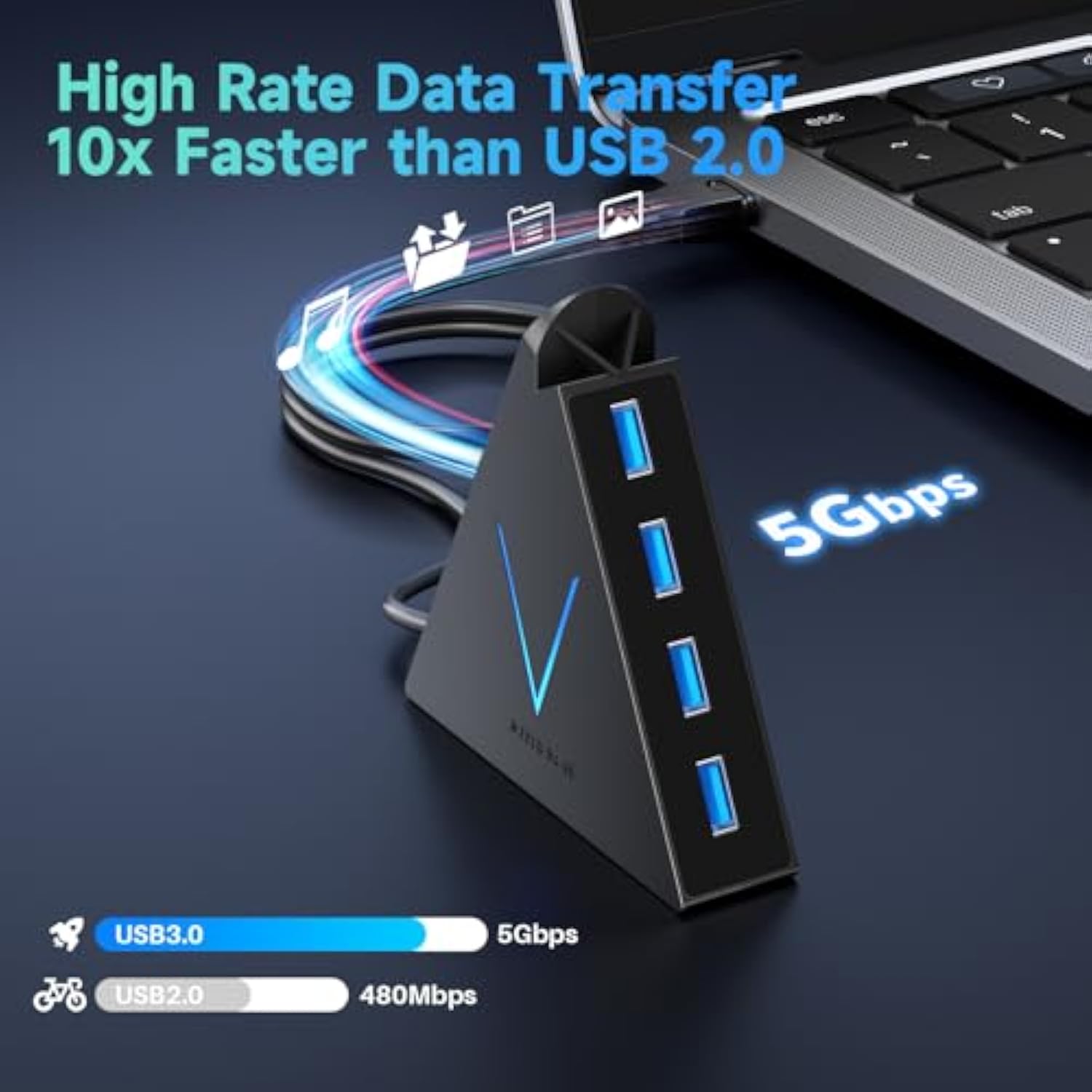4-Port Usb 3.0 Hub, Flyingvhub Vertical Data Usb Hub With 2 Ft Extended Cable,