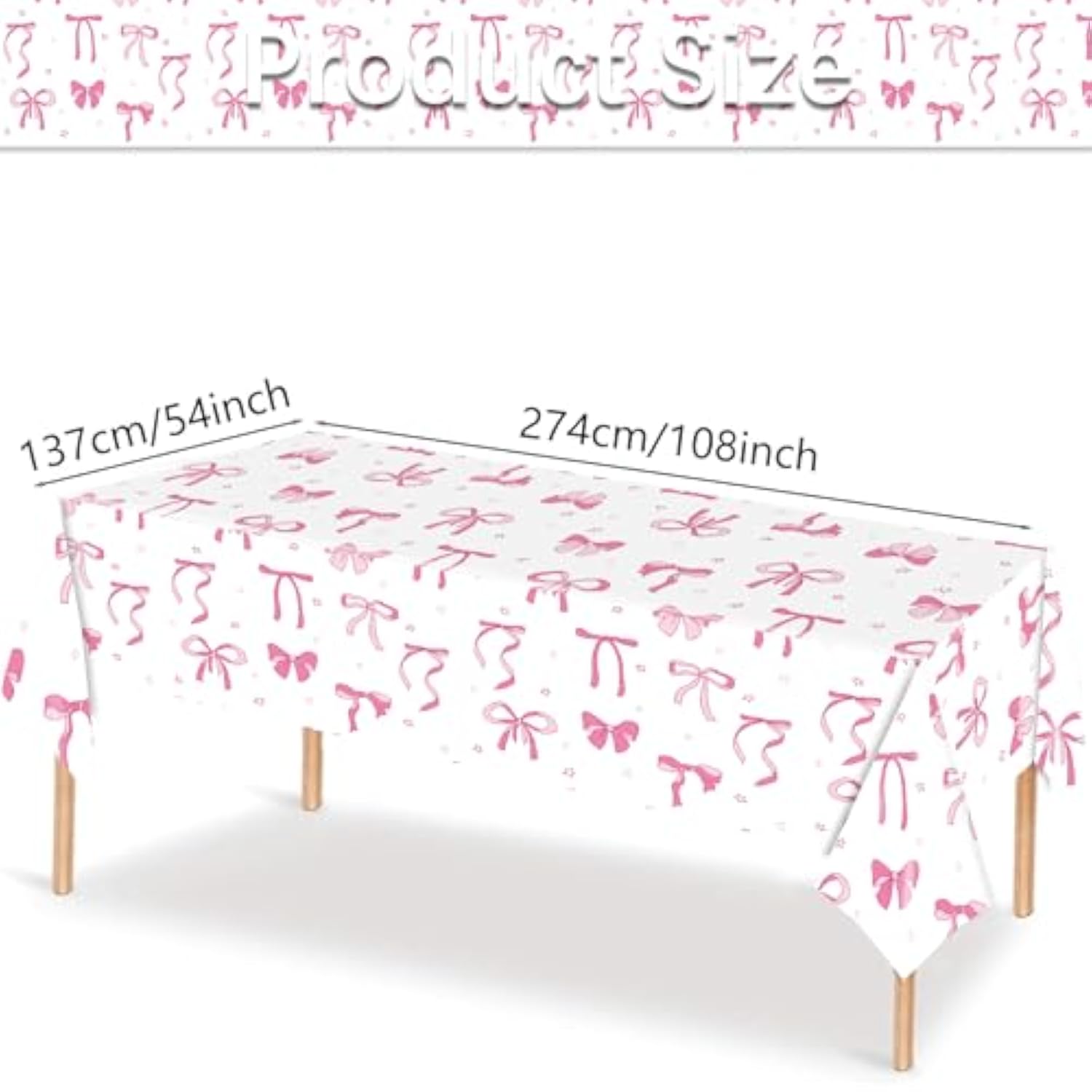 2 Pack Pink & White Bow Tablecloth, 54x108 Inch for Girls Birthday, Baby Shower Decor
