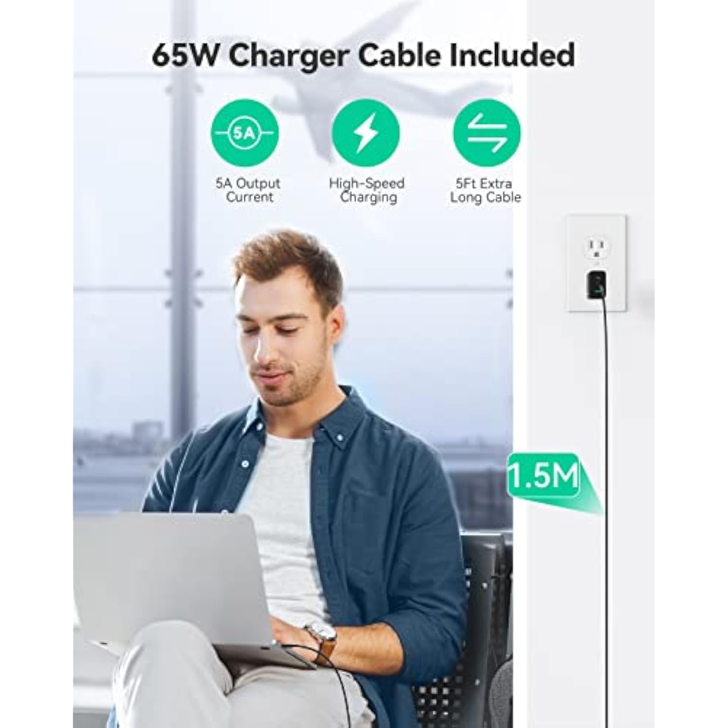 TECKNET 65W GaN Wall Charger PD 3.0 USB-C Travel Adapter,3-Port Foldable Fast Charger with 5ft Cable for iPhone 16 Pro Max/16 Plus/16/15/iPad/Galaxy S24/S25/MacBook Pro/Switch? and More Series