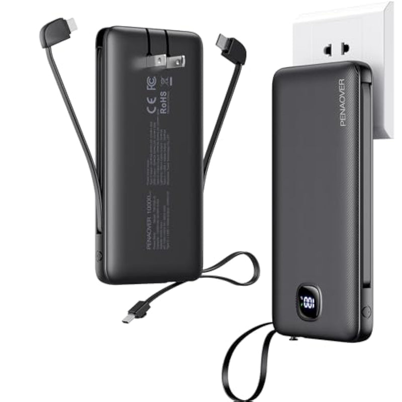 Portable Charger With Built-In Cables&Ac Wall Plug,Slim 10000Mah 22.5W Fast Charging Power Bank,5 Output 2 Input Usb-C External Battery Pack Compatible With Iphones,Samsung,Android, Etc