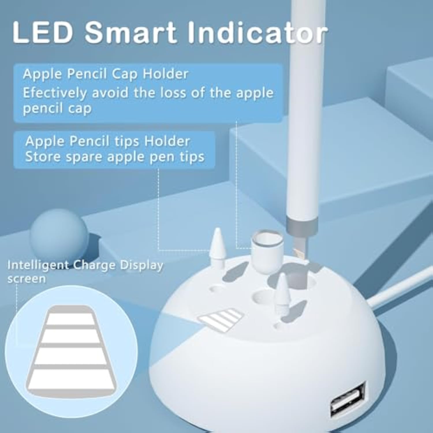 Charging Stand Compatible With Apple Pencil 1St Generation - 3 In 1 Ipad Pencil Charger Dock Holder With Led Light & Pencil Tips And Cap Holder - Ipad Pen Charging Adapter With Usb Port