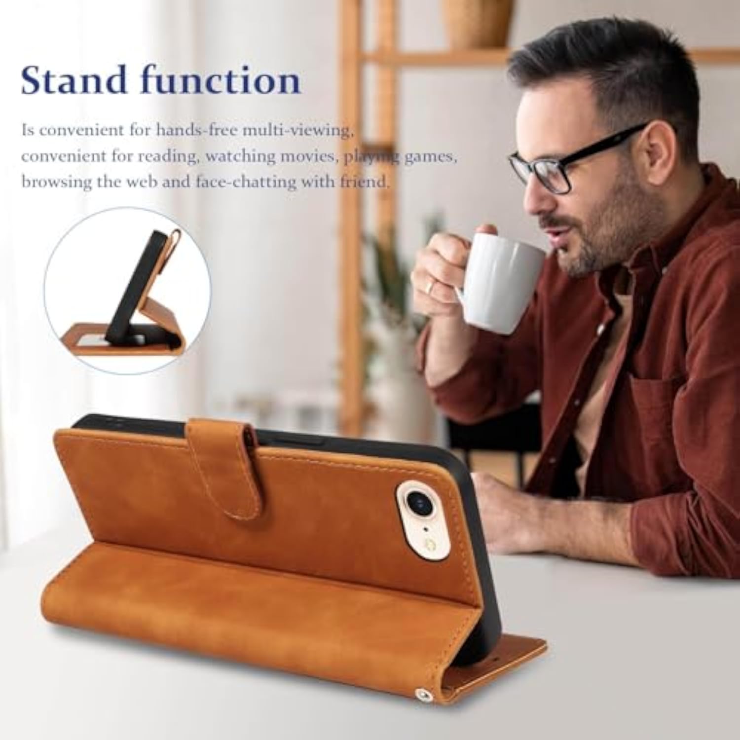 Brown Leather Wallet Case for iPhone SE 2020/2022/6/6S/7/8 with RFID Blocking