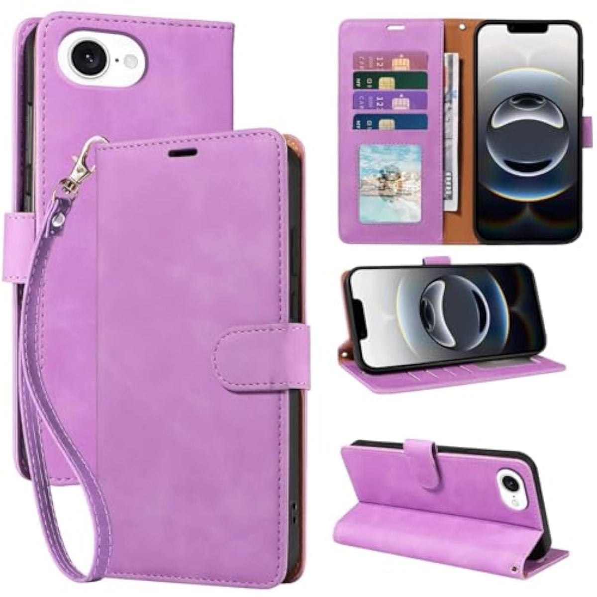 For Iphone 16E Wallet Case, Rfid Blocking 4 Card Slots Holder Cover For Iphone 16E 2025 6.1 Inches, Wrist Strap, Shockproof Protective Stand Leather Folio Flip Cases (Purple)