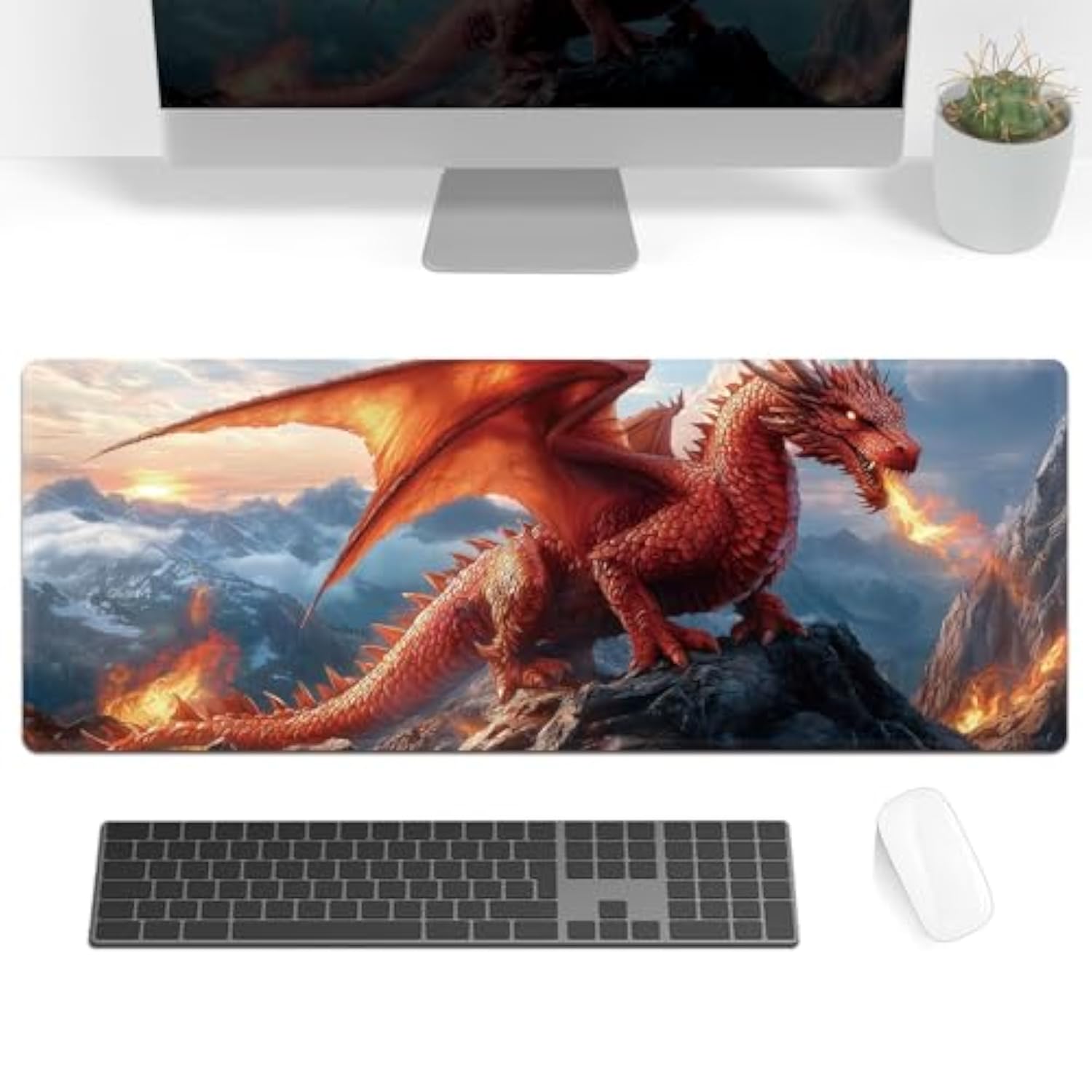 Red Dragon Large Mouse Pad, Extended Gaming Desk Mat 27.5X11.8 Inches With Non-Slip Rubber Base & Stitched Edges, Waterproof Desk Mat For Office, Home, Laptop, And Computer Keyboard