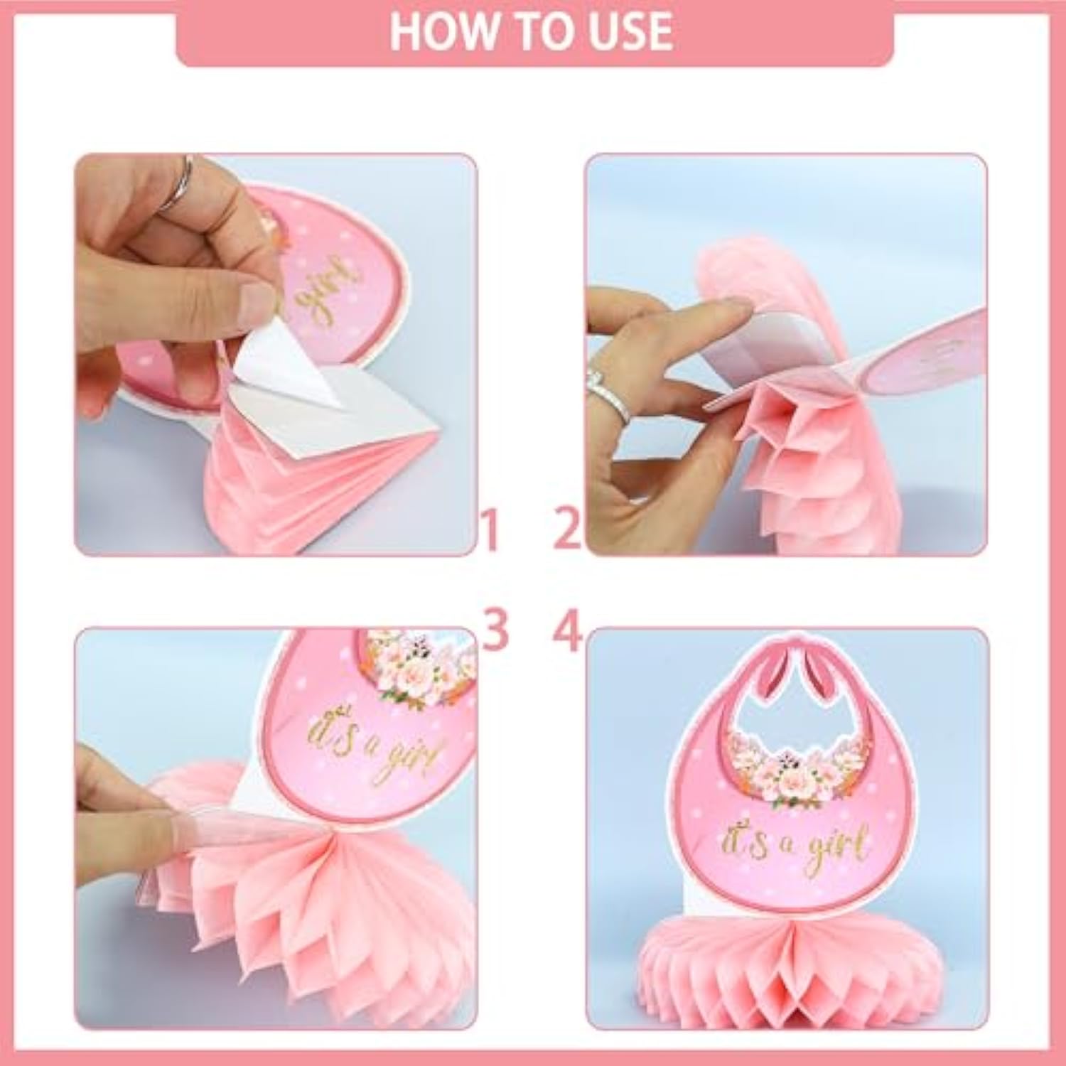 9Pcs Pink Baby Shower Honeycomb Centerpieces for Girls, "It's a Girl" Gender Reveal Decor