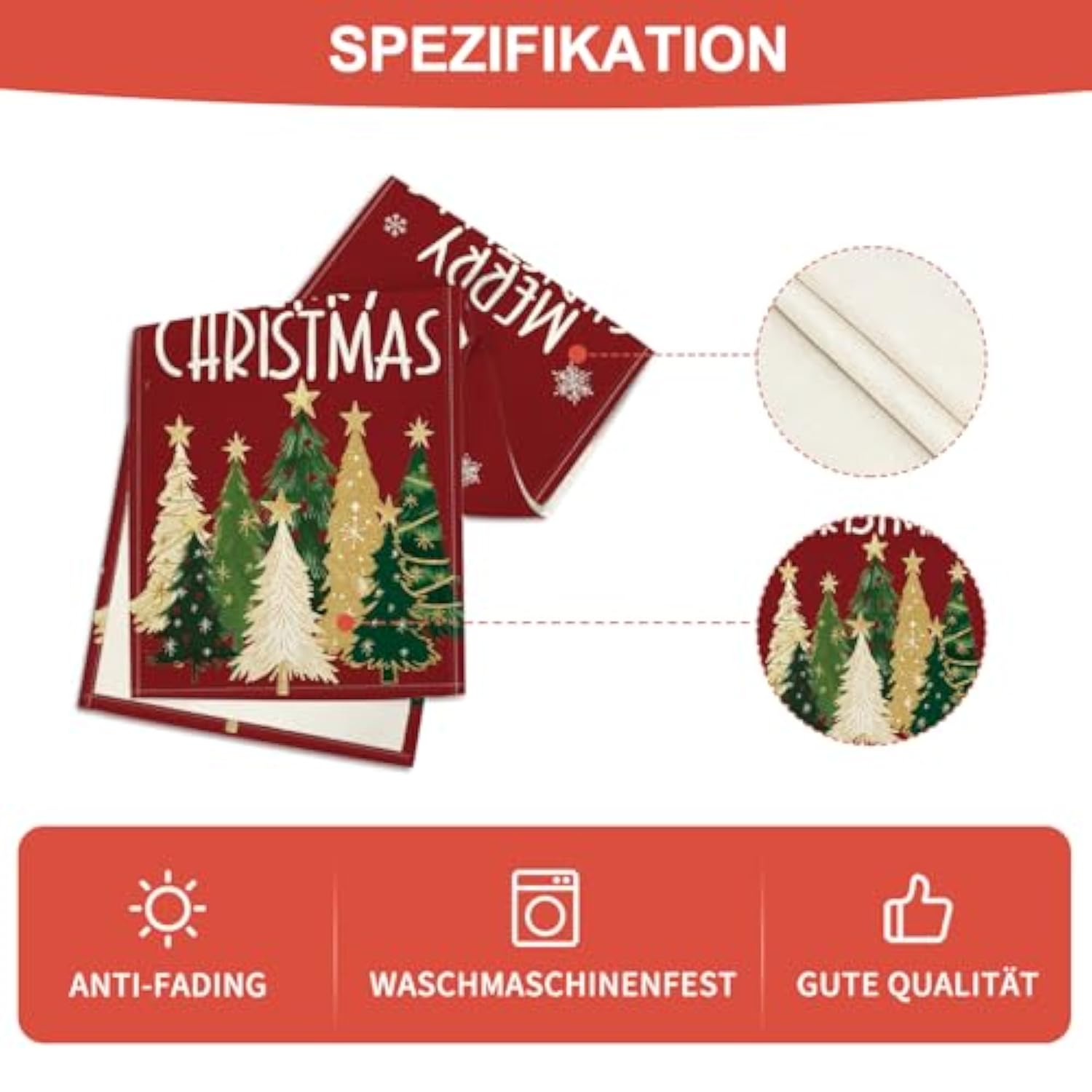 Xmas Trees Snowflakes Red Merry Christmas Table Runner, Winter Seasonal Kitchen Dining Table Decoration For Home Party Decor 13X36 Inch