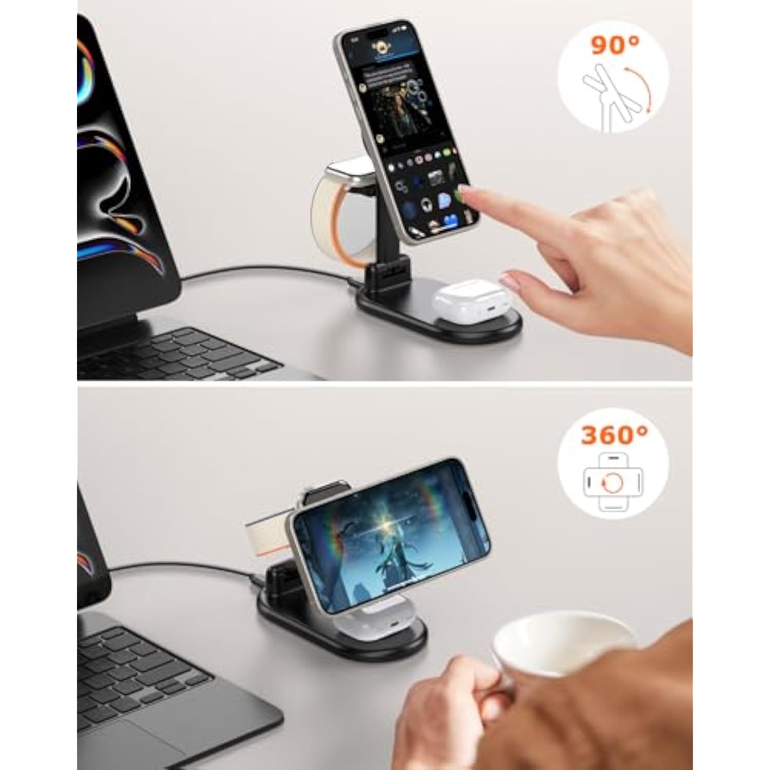 Magnetic Wireless Charger Mag-Safe 3 In 1 Charging Station,15W Max Foldable Wireless Charging Stand For Iphone 16/15/14/13/12, Fast Travel Charger For Multiple Devices Iwatch Airpods (Black)