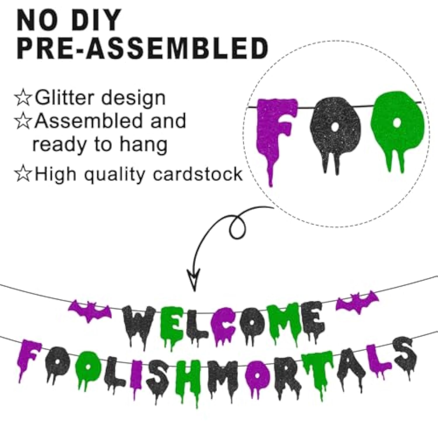 Welcome Foolish Mortals Pre-Strung Halloween Banner Glitter Haunted Mansion Bat Wall Decor