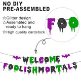 Welcome Foolish Mortals Pre-Strung Halloween Banner Glitter Haunted Mansion Bat Wall Decor