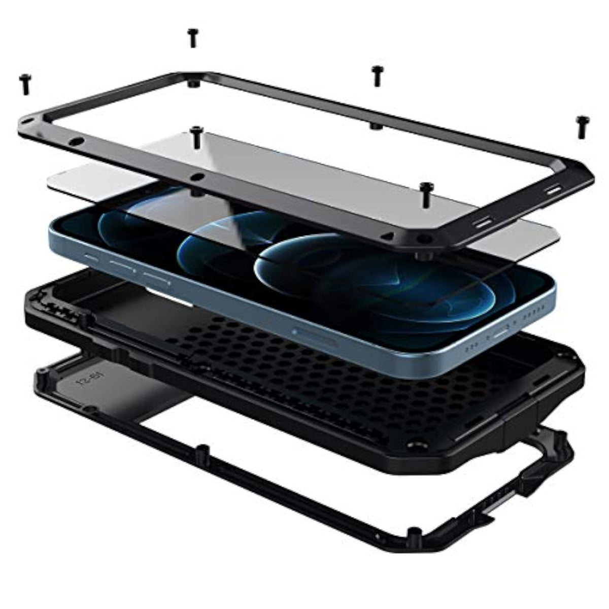 Heavy Duty iPhone 12 Case with Metal Frame and Silicone Screen Protector, 6.1 Inch, Black