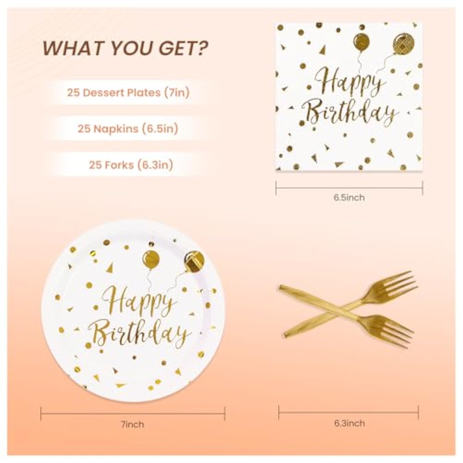 75Pcs Happy Birthday Paper Plates 7" White Gold Dot Set with Napkins & Forks, 25 Guests