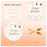 75Pcs Happy Birthday Paper Plates 7" White Gold Dot Set with Napkins & Forks, 25 Guests