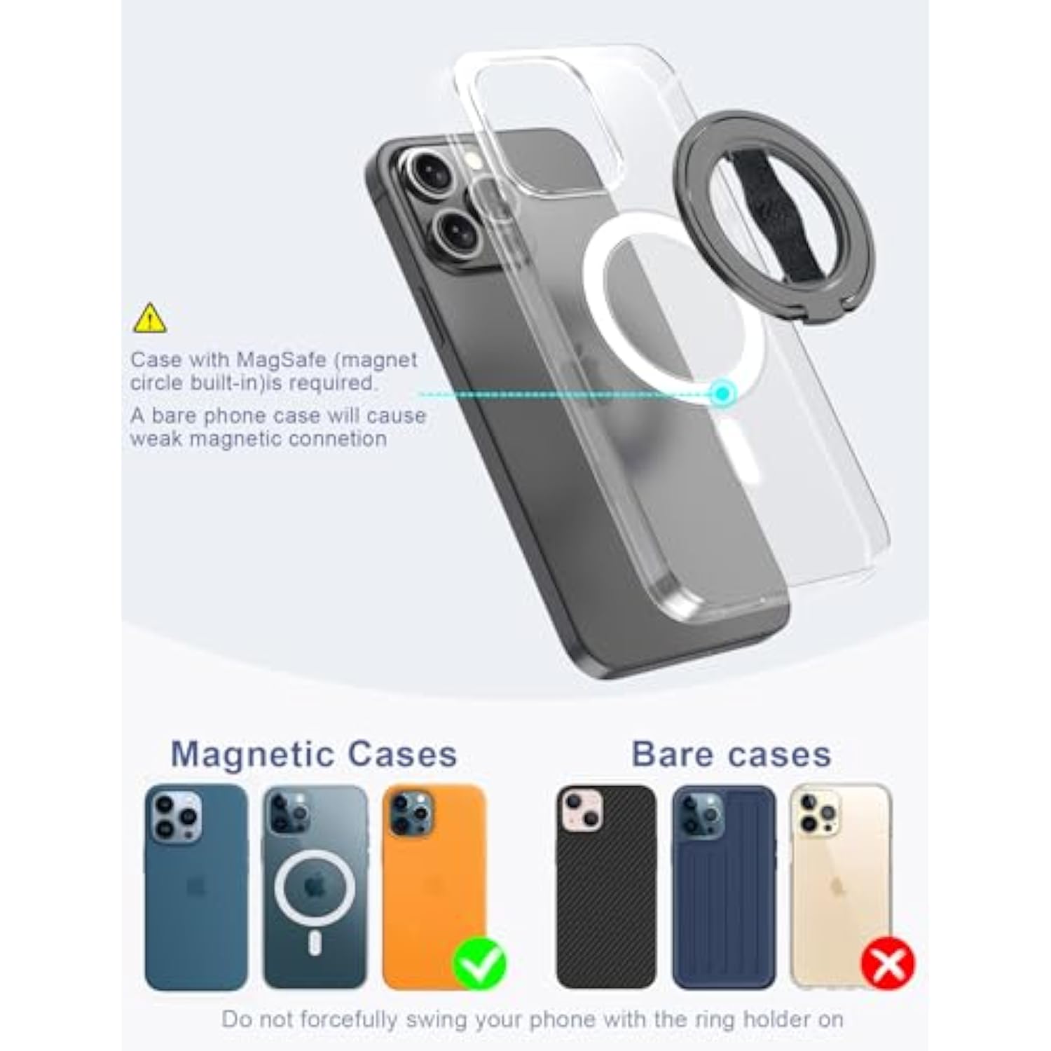 Ewa Magone 3Rd Gen [Compatible With Magsafe] Phone Grip Stand With Finger Strap, Removable Magnetic Ring Holder Kickstand Loop For 16,15, 14, 13, 12 Series-(Black)