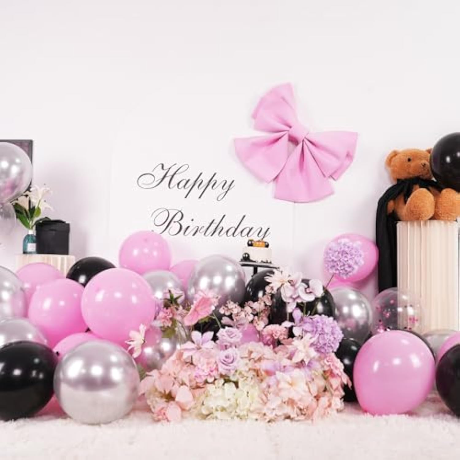 Black And Pink Balloons, 60Pcs 12Inch Black And Pink White Balloons,Metal Silver And Confetti Balloon For Graduation Birthday Baby Shower Anniversary Wedding Bridal Shower Party Decoration