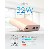 iHome 32W AC Pro Multi Port USB Wall Charger Block - Charging Station for Multiple Devices with 3 Ports (1 USB-C, 2 USB-A) - Fast Charging, Universal Compatibility (Pastel Pink)