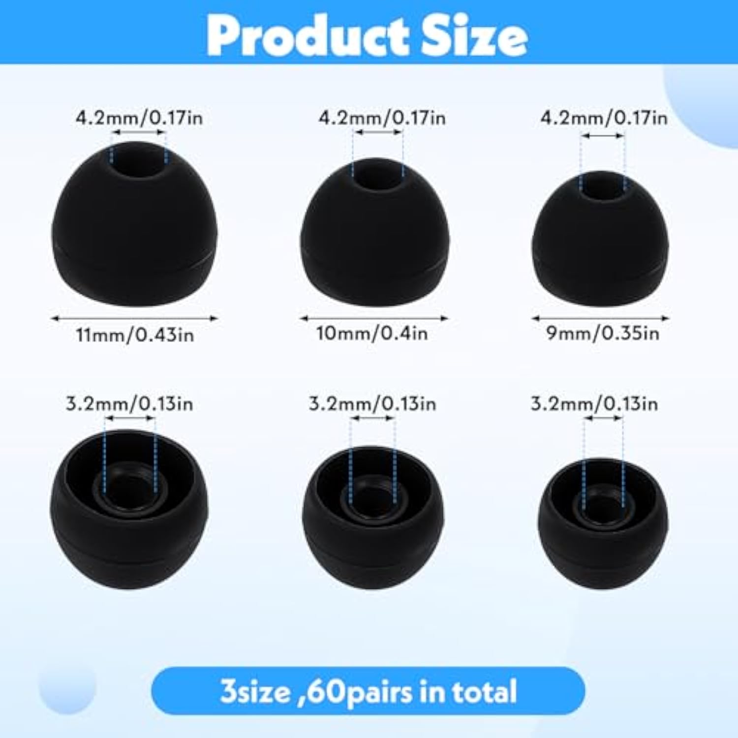 60 Pairs Ear Bud Replacement Tip S/M/L Sizes Earbud Tips Silicone Ear Bud Rubber Tips Black Soft Earbud Covers Silicone Tip
