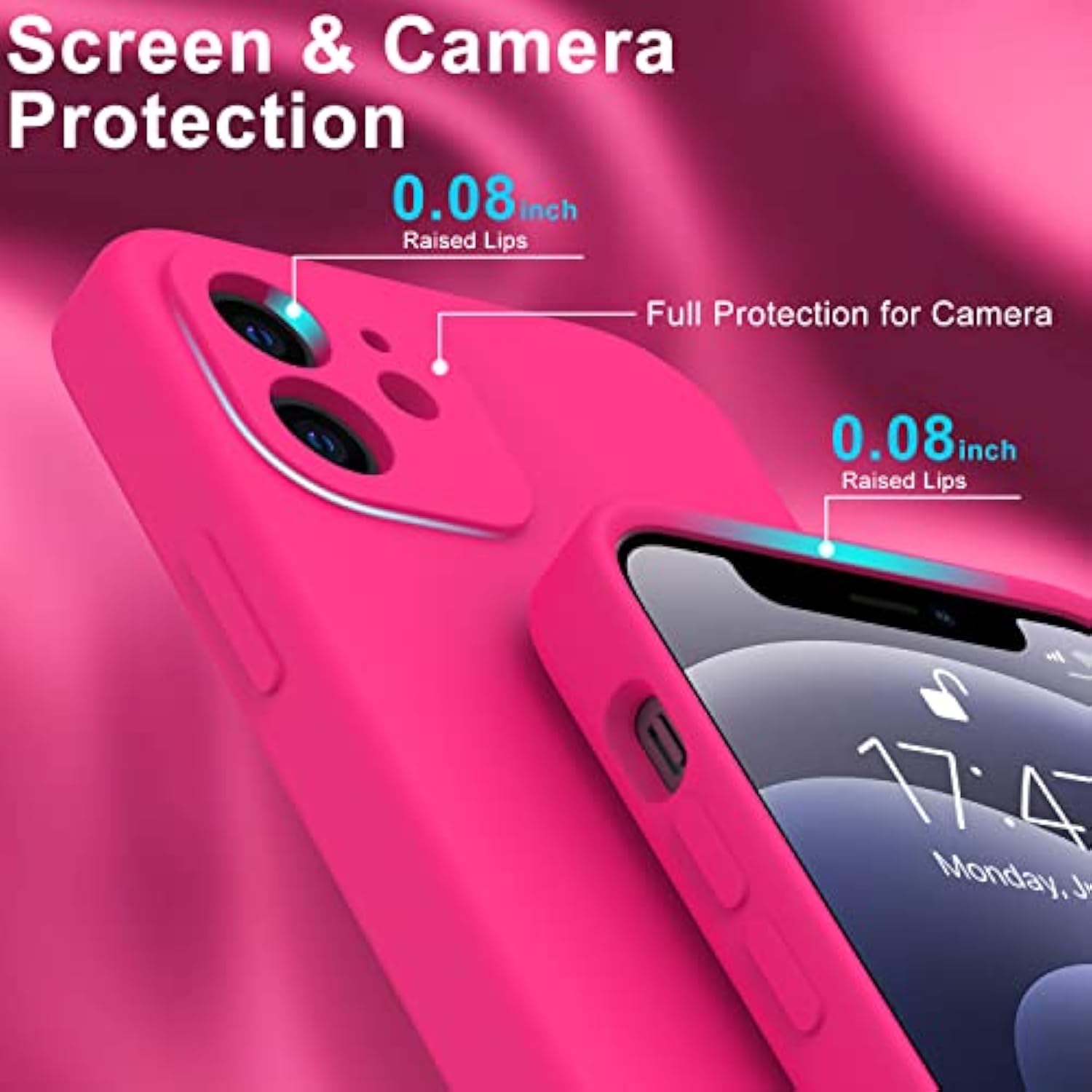 Compatible With 12 Silicone Case With Screen Protector,Enhance Camera Protection,Soft Flexible Slim Fit Protective Phone Cover 6.1" For Women Girls Hot Pink