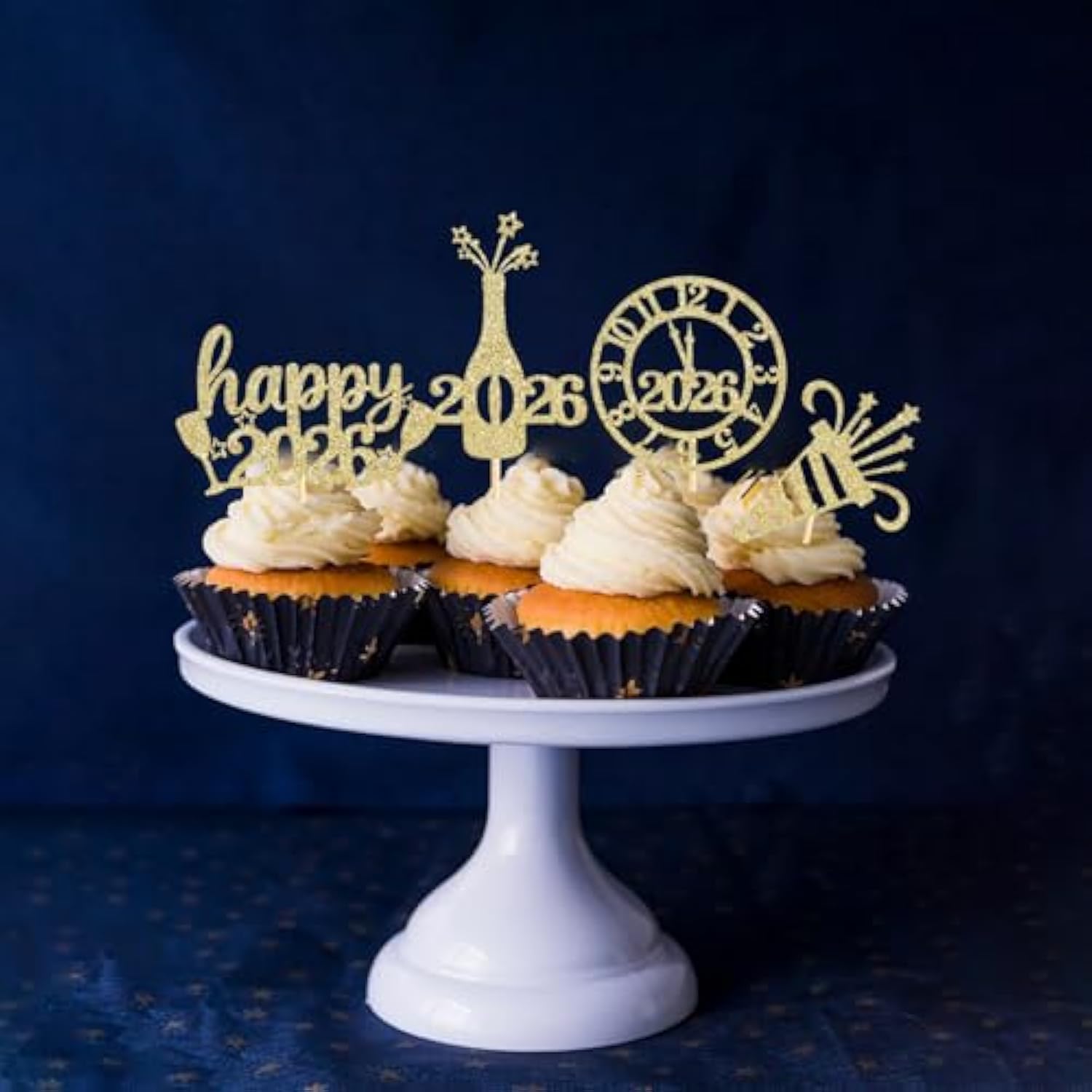 60pc Happy New Year 2026 Glitter Cupcake Toppers Balloon Fireworks Clock