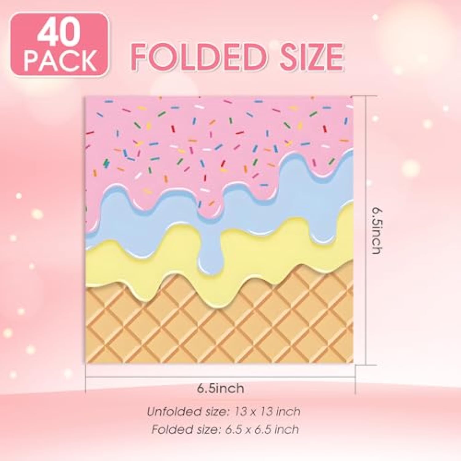 40 Pcs Ice Cream Birthday Party Napkins, Ice Cream Disposable Tableware Party Table Decorations For Girls Baby Shower,2 Ply 6.5 X 6.5 Inches For Appetizer,Dessert,Dinner,Donut Party Decorations