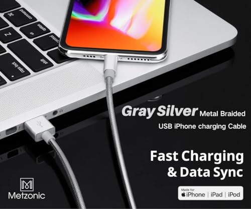 MFi Certified Metal Braided Charger Cable 6.6ft Stainless Steel Chew Proof Lightning Cord with Short-Circuit Resistant Coating, Fast Charging & Data