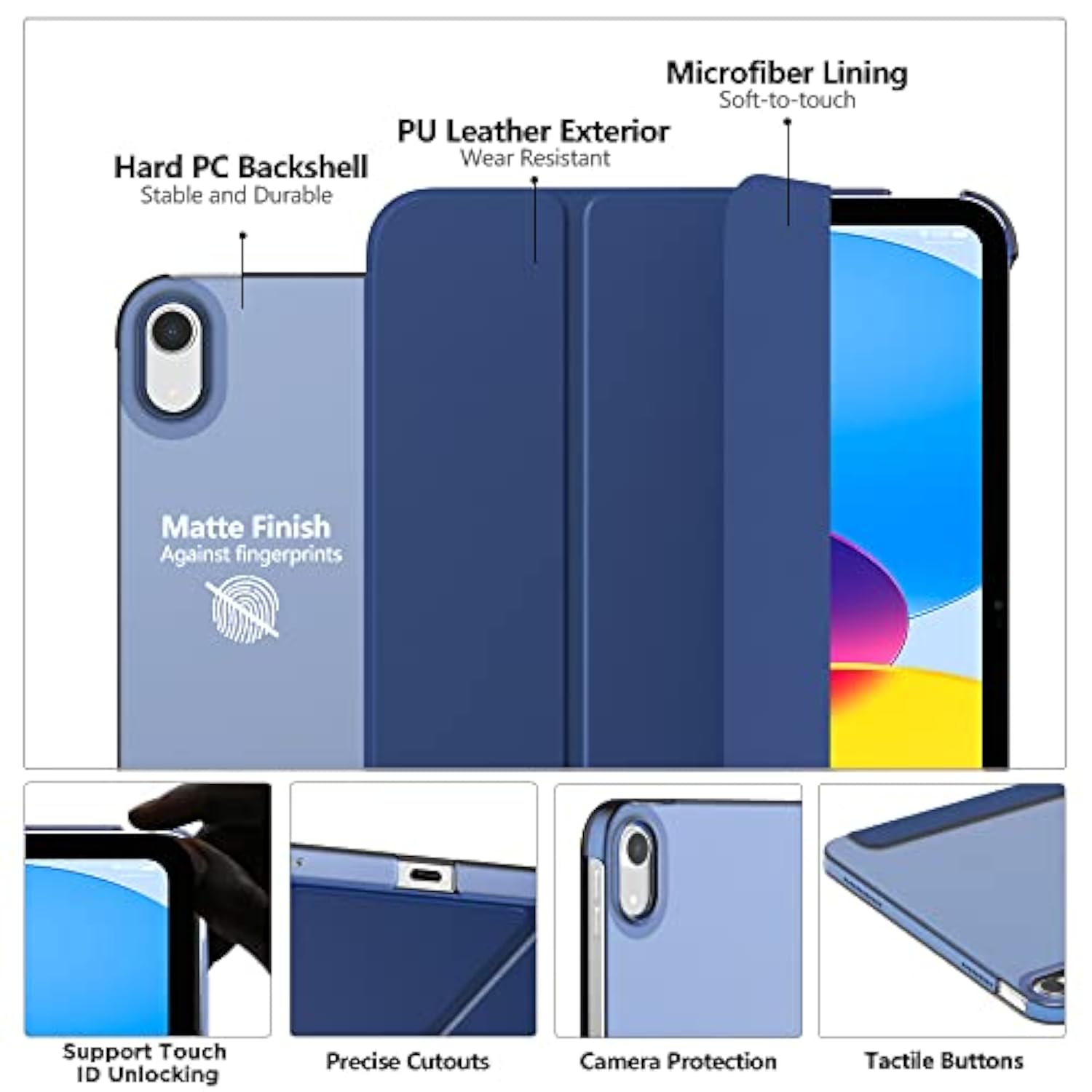Moko Case For (A16) 11Th Generation 11 Inch 2025, 10Th Generation 10.9 Inch 2022, Slim Stand Protective Cover With Hard Pc Translucent Back Shell Cover, Support Touch Id, Navy Blue