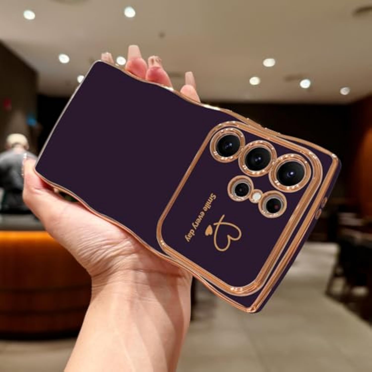 For Samsung Galaxy S24 Ultra Case For Women Girls, Cute Wave Frame Curly Shape With Love Heart Raised Camera Protection Luxury Plating Shockproof Phone Case For Galaxy S24 Ultra 5G,Dark Purple