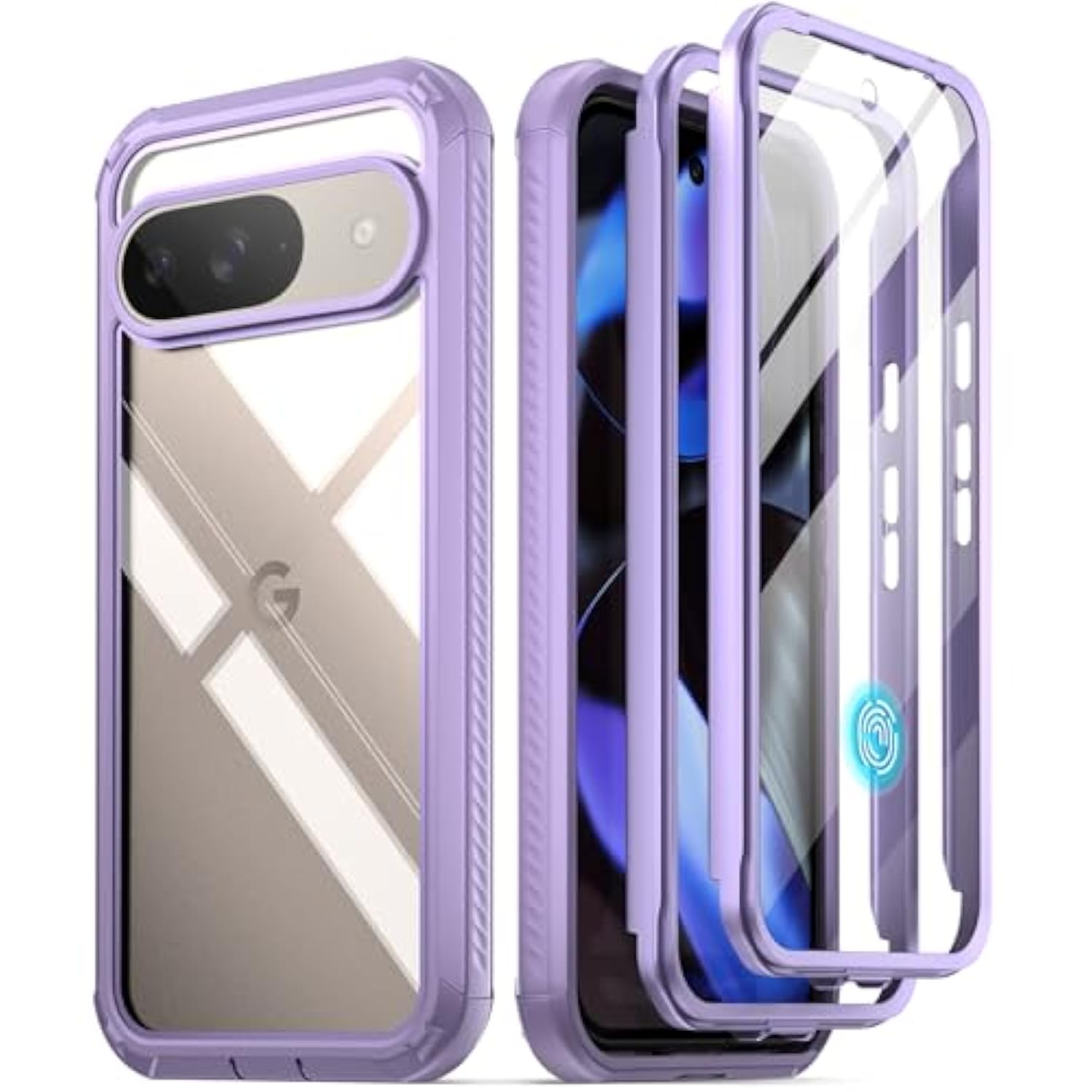 Guardian Case For Google Pixel 9/9 Pro 5G 6.3 Inch, Built-In Screen Protector [Work With Fingerprint Id], [2 Front Frame] Full Body Shockproof Rugged Clear Cover Case, Purple/Clear