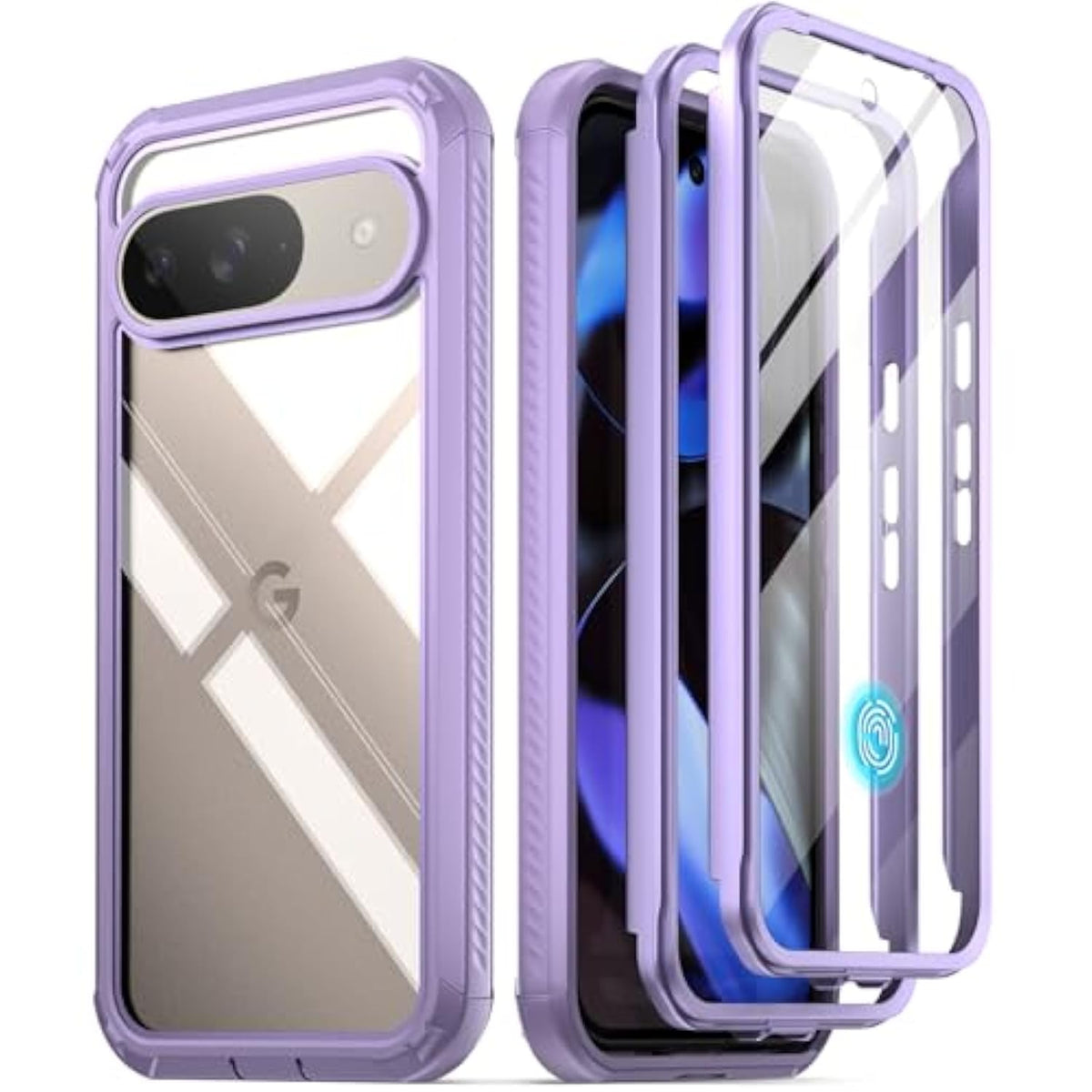 Guardian Case For Google Pixel 9/9 Pro 5G 6.3 Inch, Built-In Screen Protector [Work With Fingerprint Id], [2 Front Frame] Full Body Shockproof Rugged Clear Cover Case, Purple/Clear