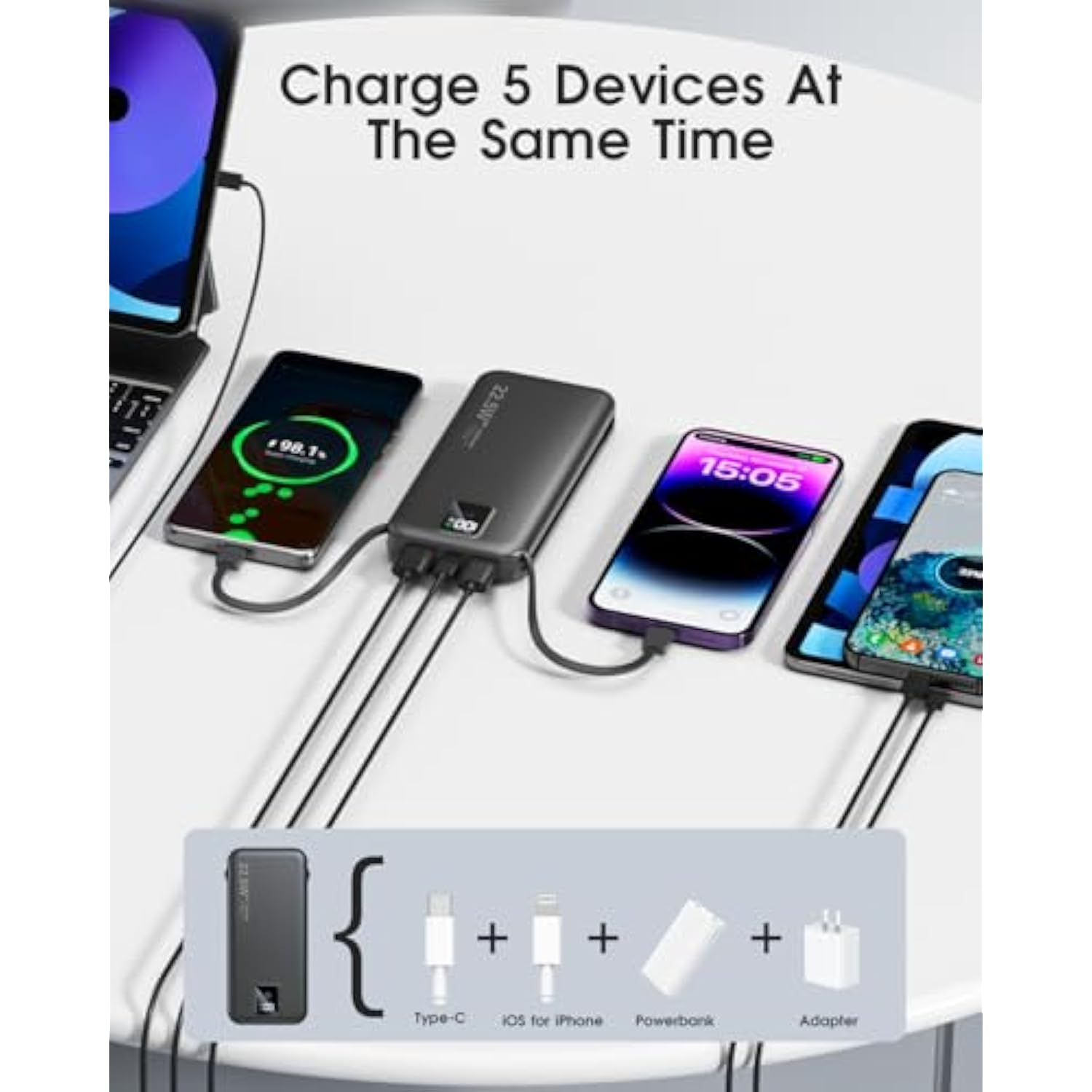Portable Charger Built-In Cables And Ac Wall Plug, 12000Mah Power Bank, Usb C 22.5W Fast Charging Phone Charger ,Compact Lightweight External Battery Pack For Iphones, Ipad, Samsung?Tablets, Etc.