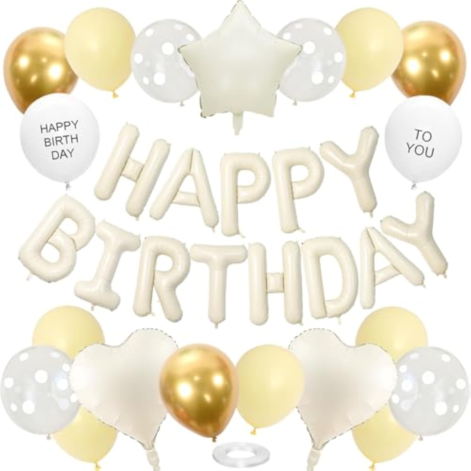Light Yellow Gold Birthday Decorations For Men Women Kids,White Sand Cream Happy Birthday Banner Balloons Heart Star Foil Clear White Polka Dot Balloons For Baby Shower Party Decorations