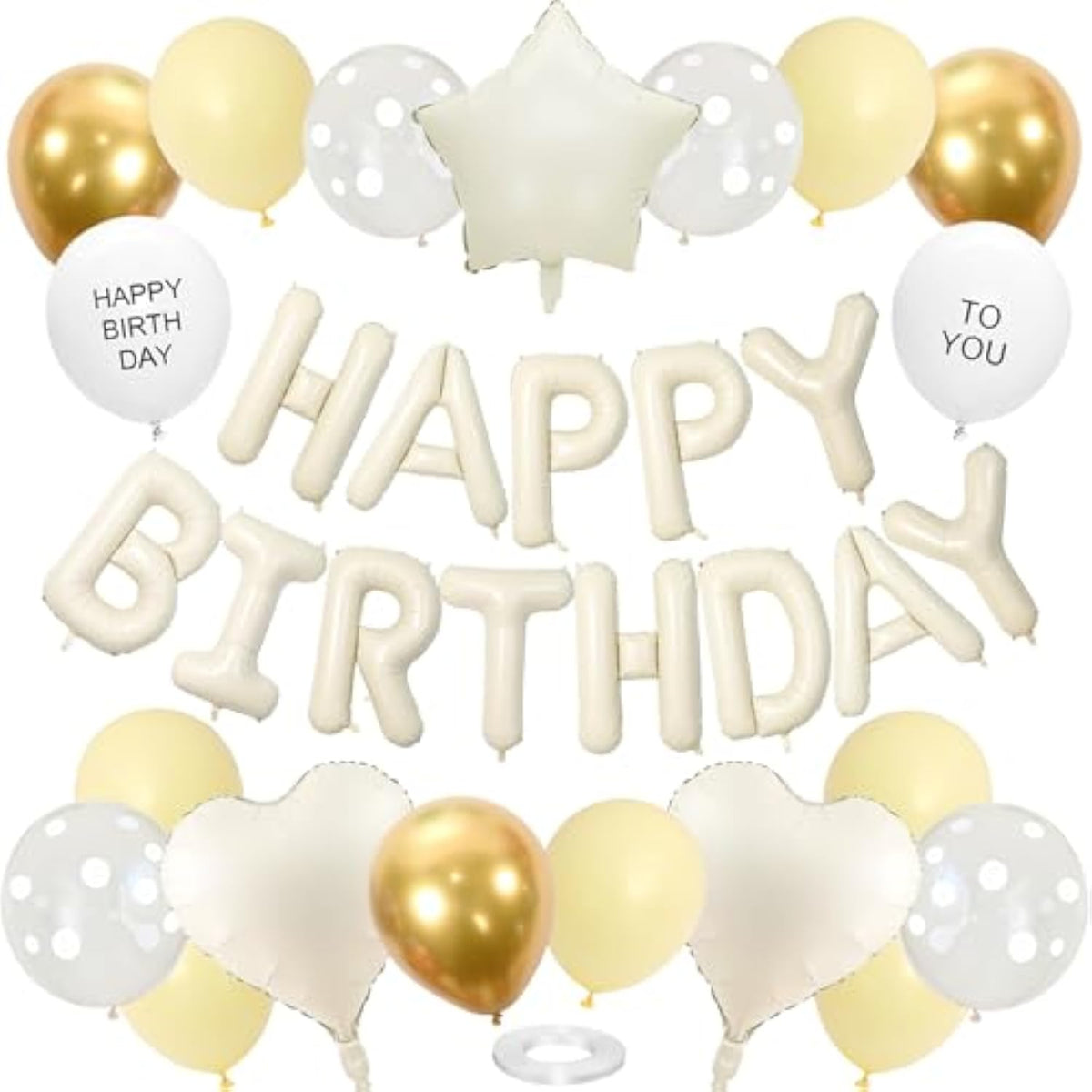 Light Yellow Gold Birthday Decorations For Men Women Kids,White Sand Cream Happy Birthday Banner Balloons Heart Star Foil Clear White Polka Dot Balloons For Baby Shower Party Decorations