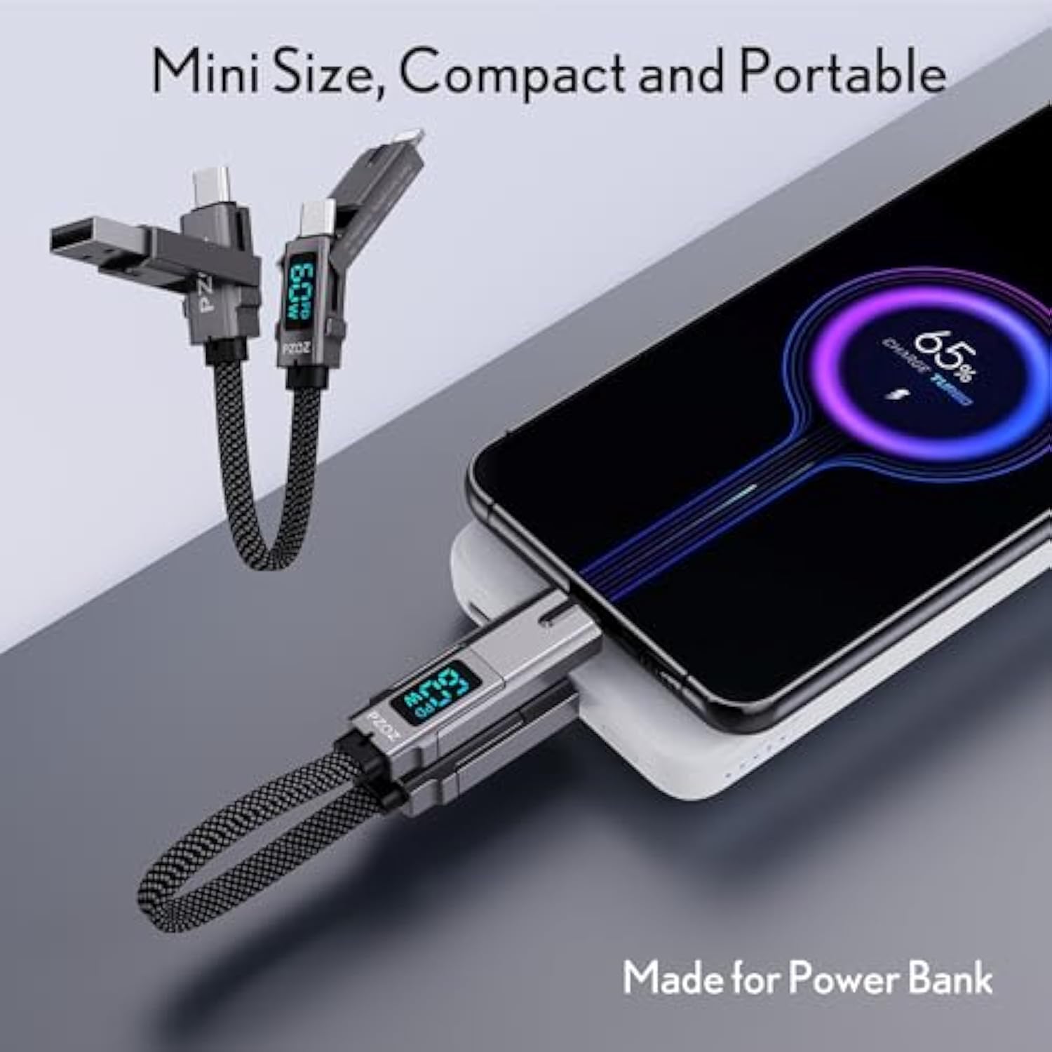 Multi Charging Cable Keychain Charger Cable With Led Display, 4-In-1 Multi Usb C Fast Charging Combo Lightning/Type C/Usb A/Usbc For Iphone Ipad Macbook Airpods Samsung Google (60W, 7.3 Inchs)