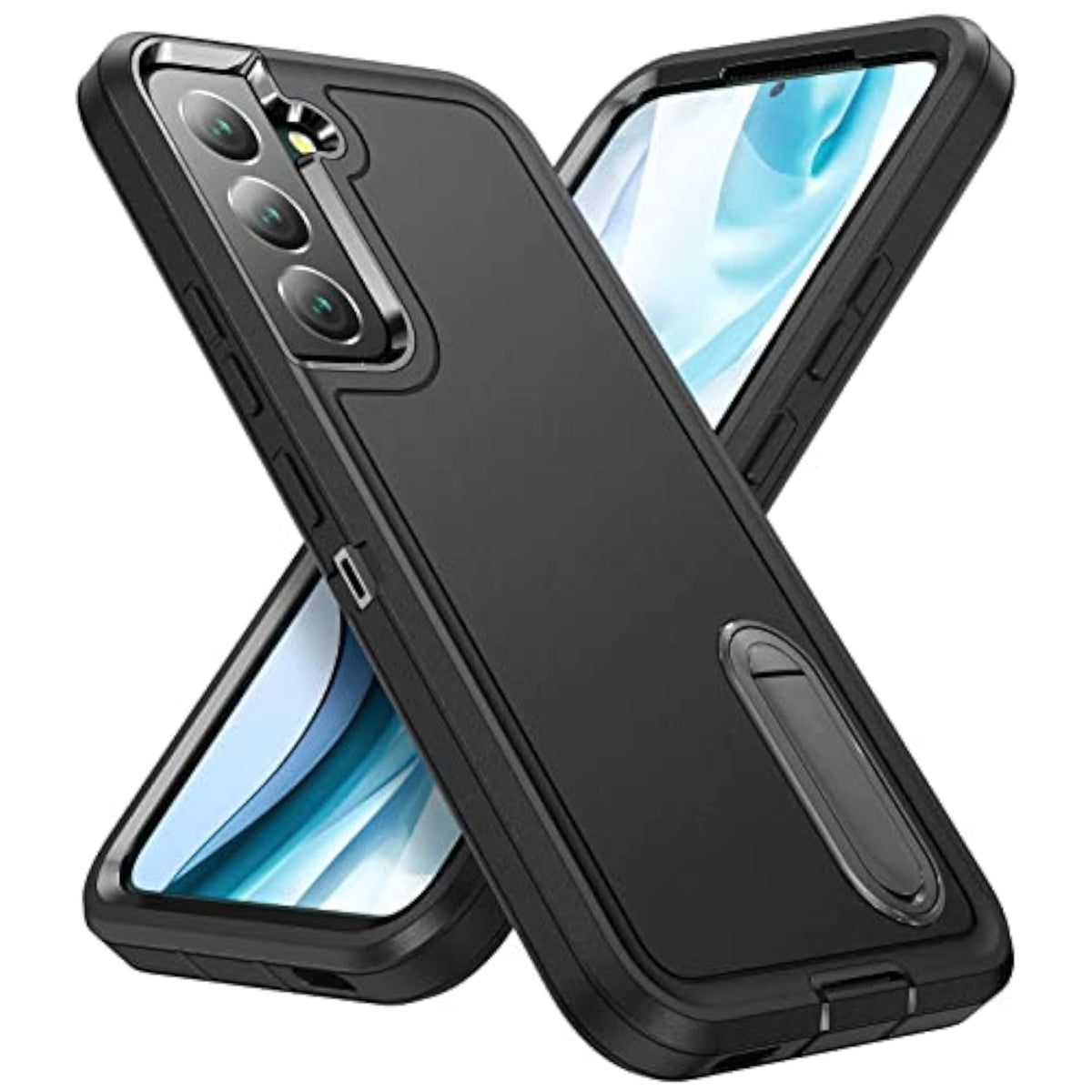 Samsung Galaxy S22 Plus 3-Layer Military Grade Protective Case Cover with Kickstand, Black and Black