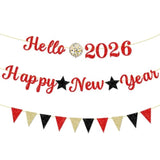 2026 New Year Banner Red Glitter Hello 2026 Party Decoration Backdrop