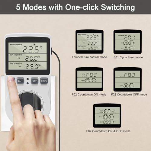 Digital Thermostat Outlet Plug Temperature Controller Outlet Socket 120V Heating Cooling Control 110V 15A Celsius Fahrenheit Display White