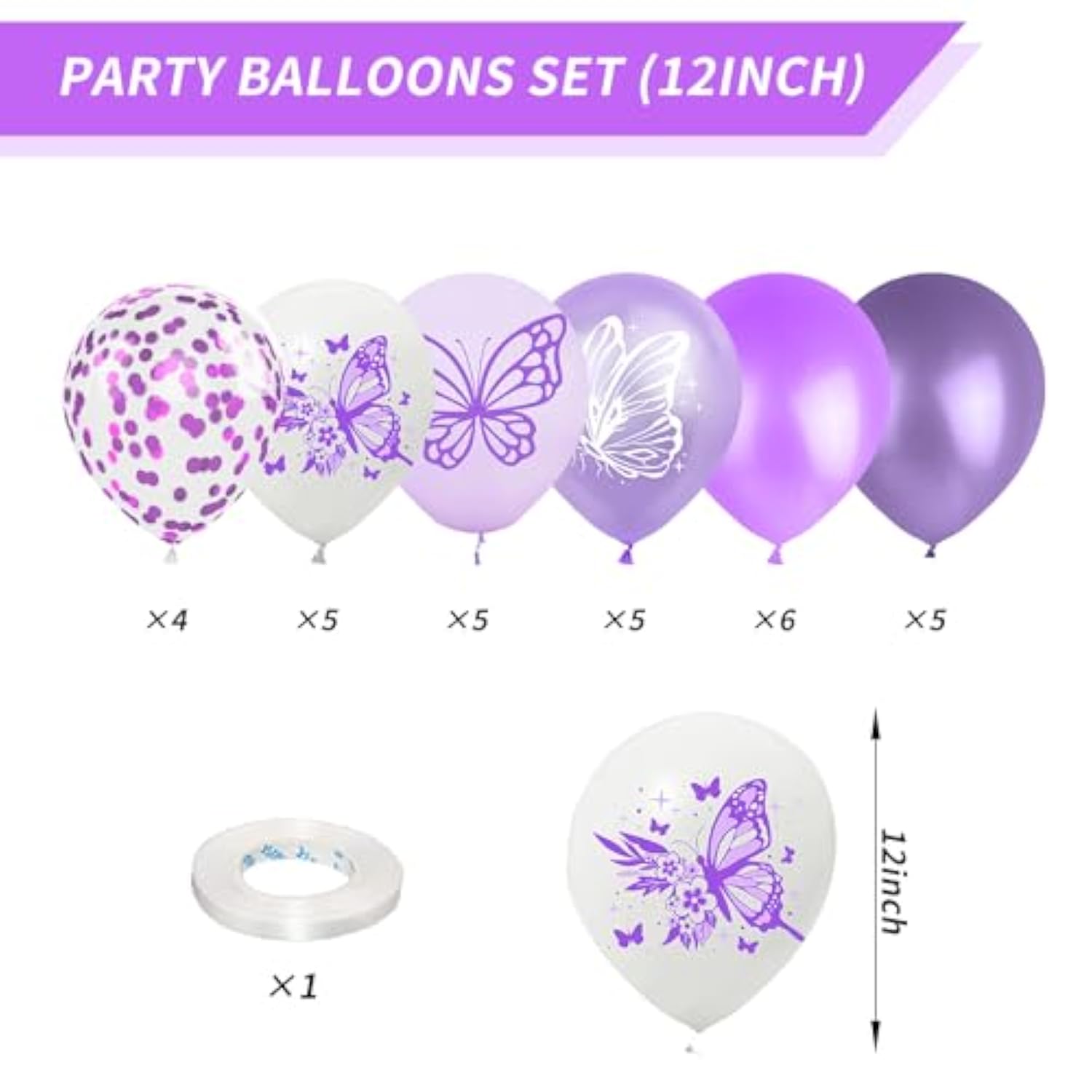 Purple And White Latex Balloons - 12 Inch Butterfly Print For Girls, Women, Baby Shower, Birthday Party, Graduation Decorations