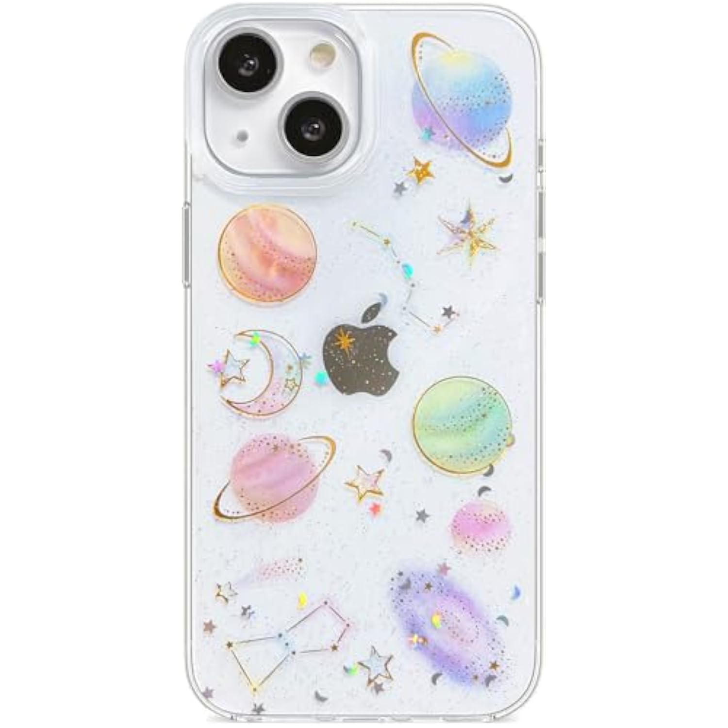 For Iphone 13/14/15 Case Clear Cute With Planet Design Bling Glitter Twinkle Sparkle Stars Moon Space Theme Soft Tpu Aesthetic Shockproof Slim Protective Women Girl'S Unique Phone Cover