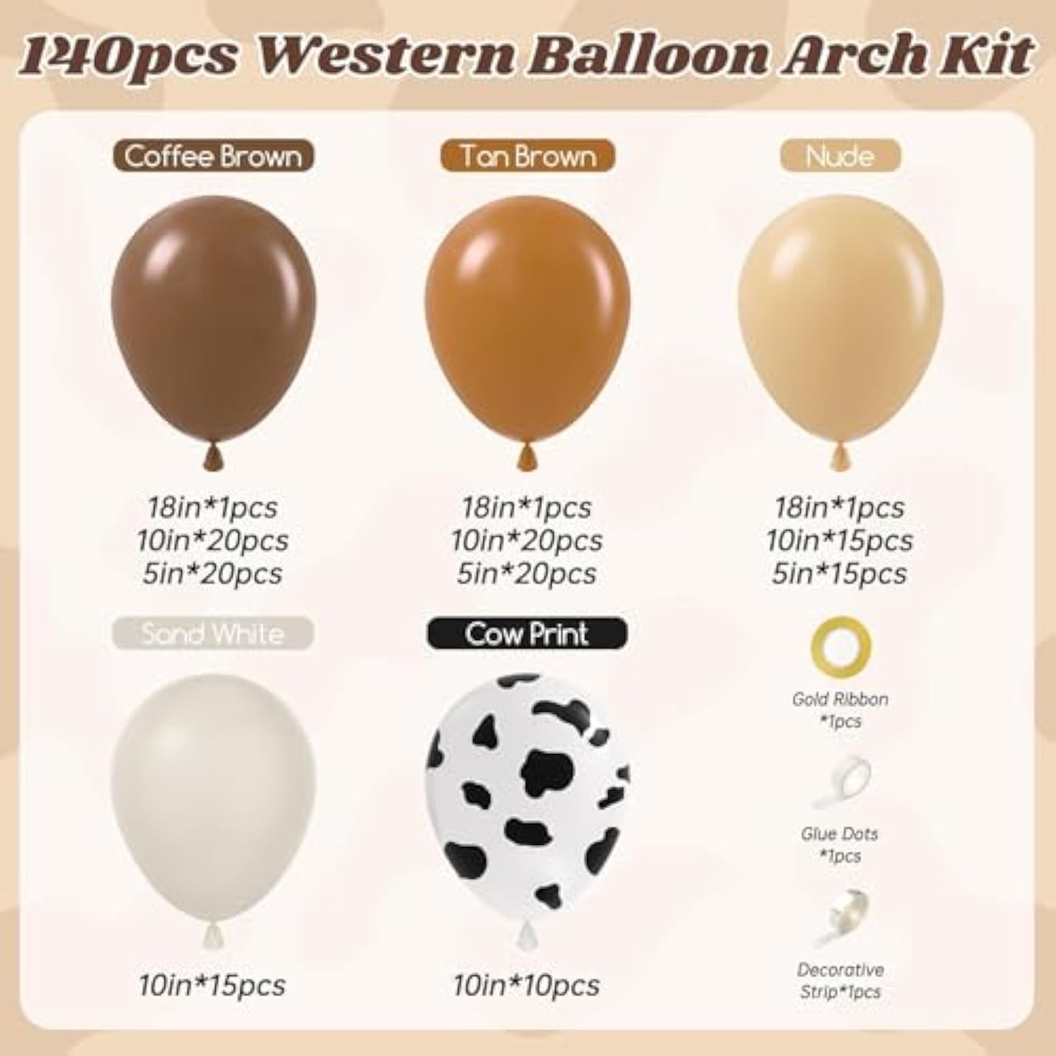 140pcs Western Cowboy Balloon Arch Kit with Brown, Nude, White, and Cow Print