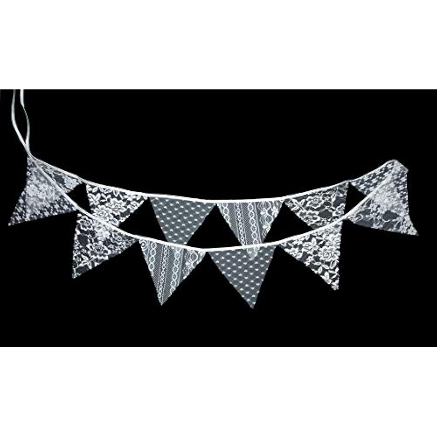 White Floral Lace Pennant Banner, Fabric Triangle Lace Bunting Flag Garland - 10.8 Feet
