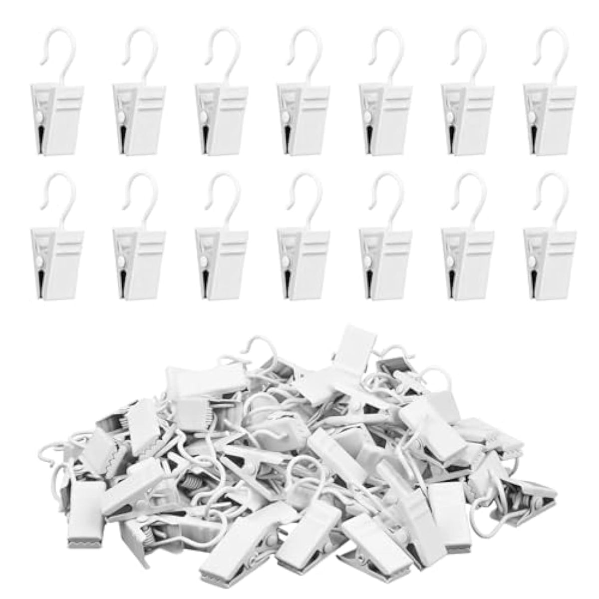 Curtain Clips Hooks, 100 Pack Stainless Iron Drapery Hooks Clips For Hanging Party String Lights Christmas Courtyards Decoration, Art Craft Display, Gutter Tent Camper Awning Hangers, White