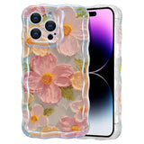 Case For Iphone 15 Pro Max, Colorful Retro Oil Painting Printed Flower Laser Glossy Pattern Cute Curly Wave Edge Exquisite Phone Cover Stylish Durable Tpu Protective Case For Girls Women-Green
